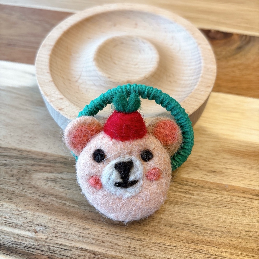 handmade wool Cute Bear Hair Tie with Green Elastic